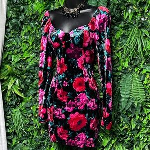 Madden NYC‎ Dress Small Velvet Floral Print Long Sleeve Mini 3387